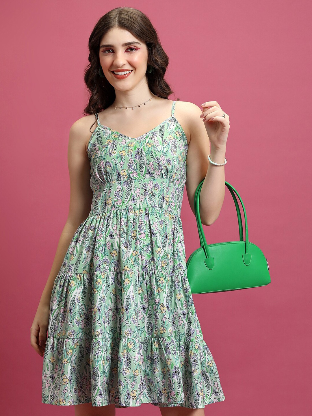 

KETCH Floral Print Shoulder Straps Tiered Fit & Flare Mini Dress, Green