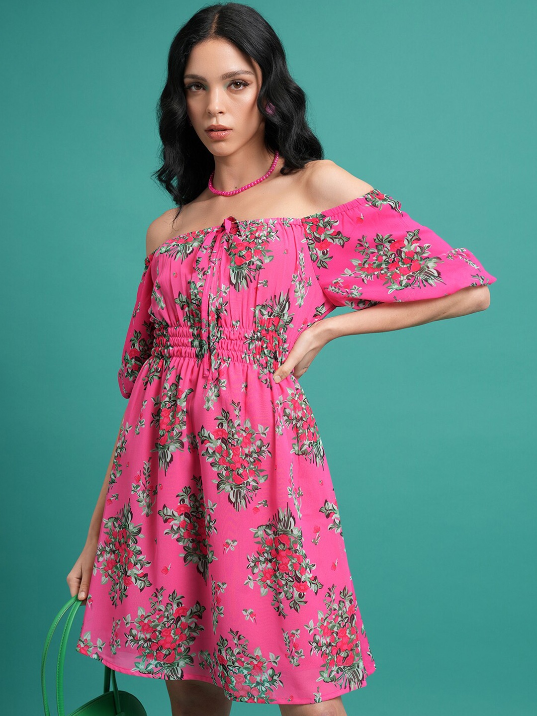 

KETCH Floral Print Off-Shoulder Flared Sleeves Smocked Fit & Flare Mini Dress, Pink