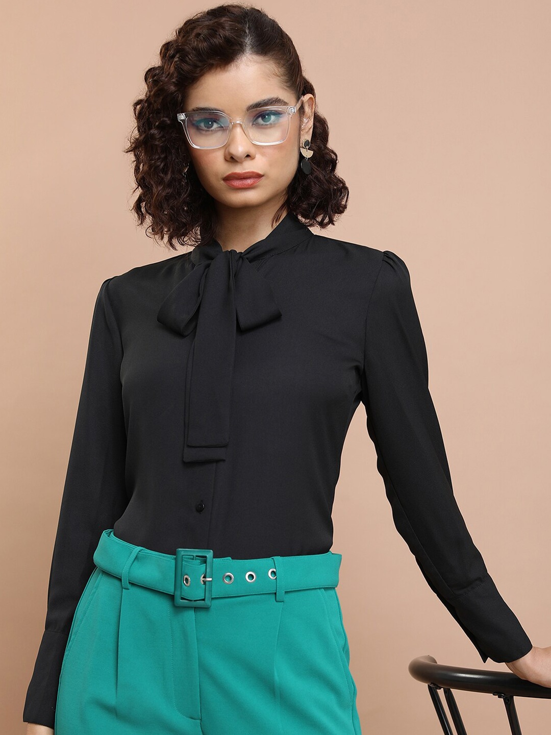 

KETCH Black Tie-Up Neck Casual Shirt