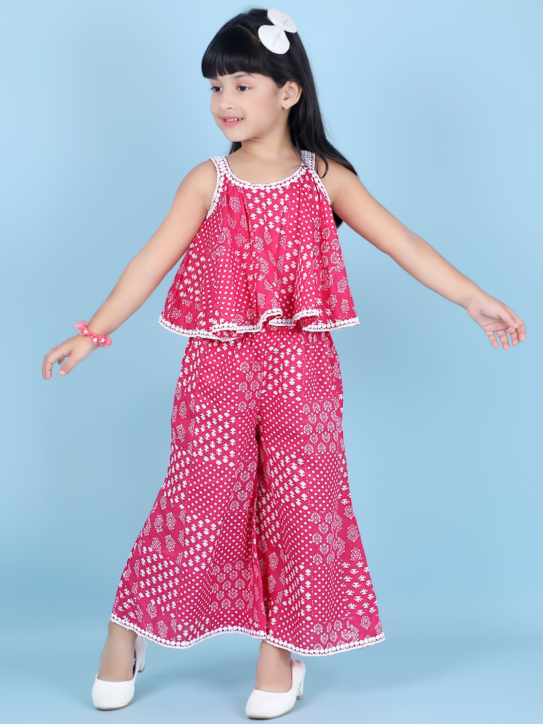 

KIDS FARM Girls Printed Pure Cotton Top With Palazzos, Pink