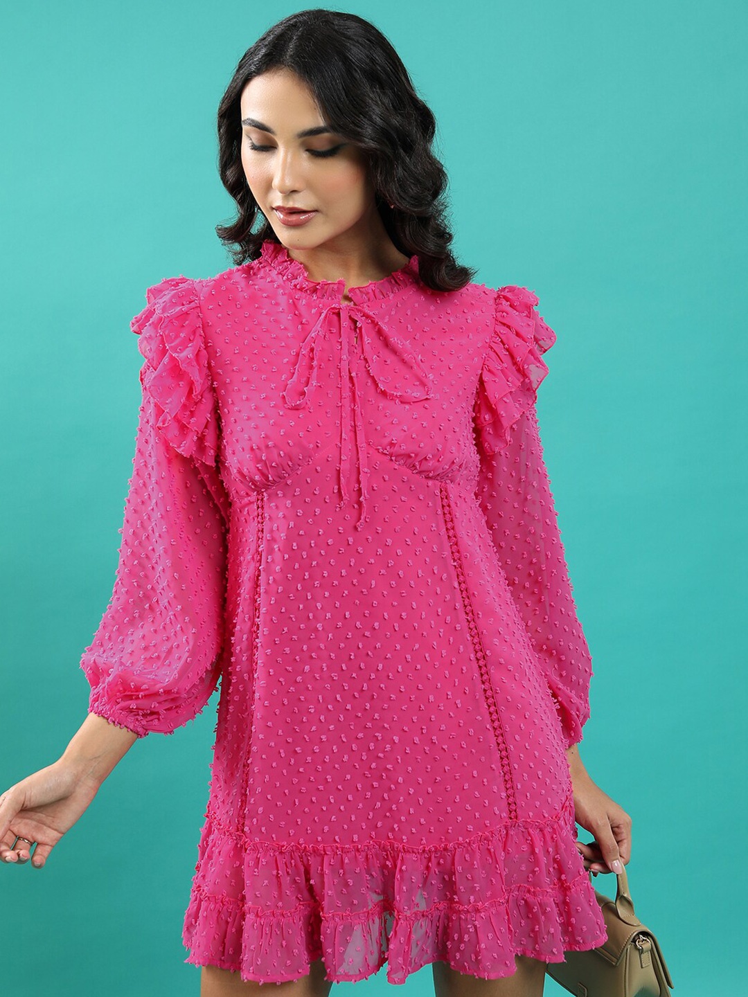

Tokyo Talkies Fuchsia Pink Self Design Tie-Up Neck A-Line Mini Dress