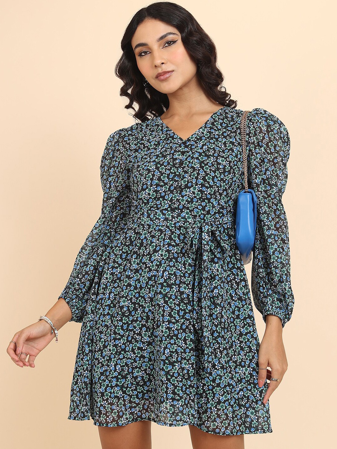 

Tokyo Talkies Navy Blue & Green Floral Printed Fit & Flare Mini Dress With Belt