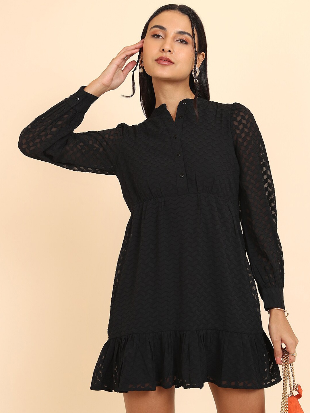 

Tokyo Talkies Black Self Design Mandarin Collar A-Line Mini Dress