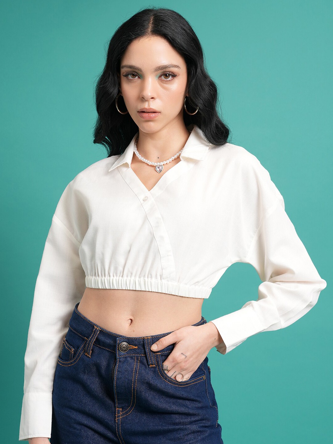 

Tokyo Talkies White Shirt Collar Drop Shoulder Sleeves Crop Top