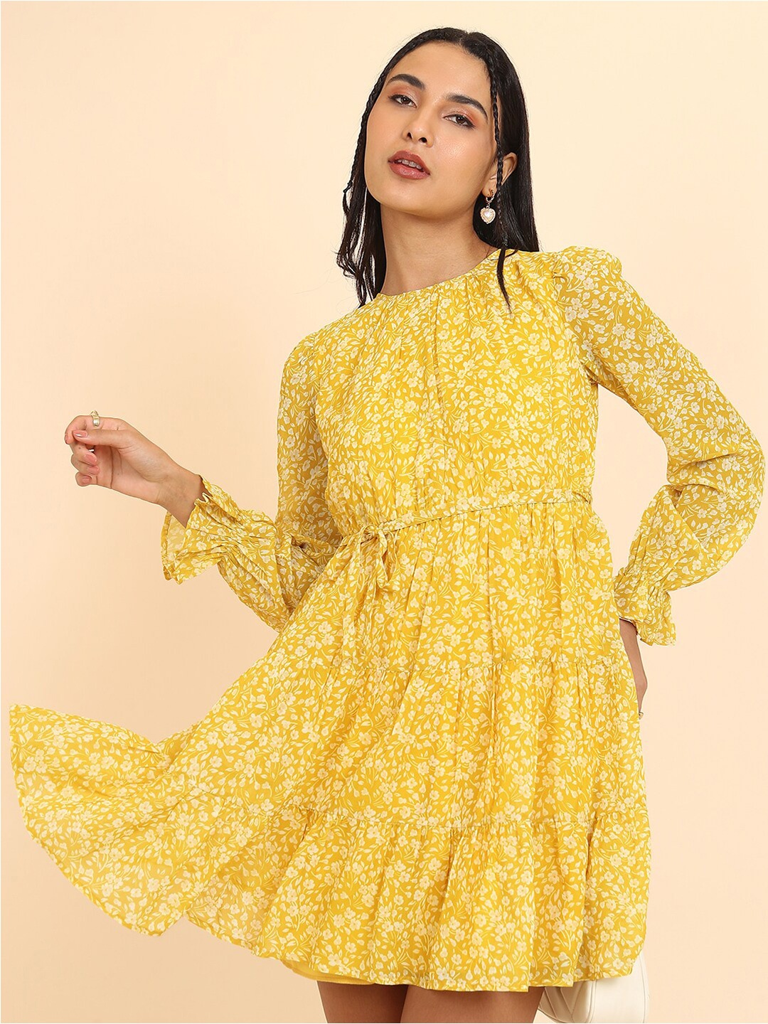 

Tokyo Talkies Yellow Floral Printed Tie-Ups Fit & Flare Mini Dress