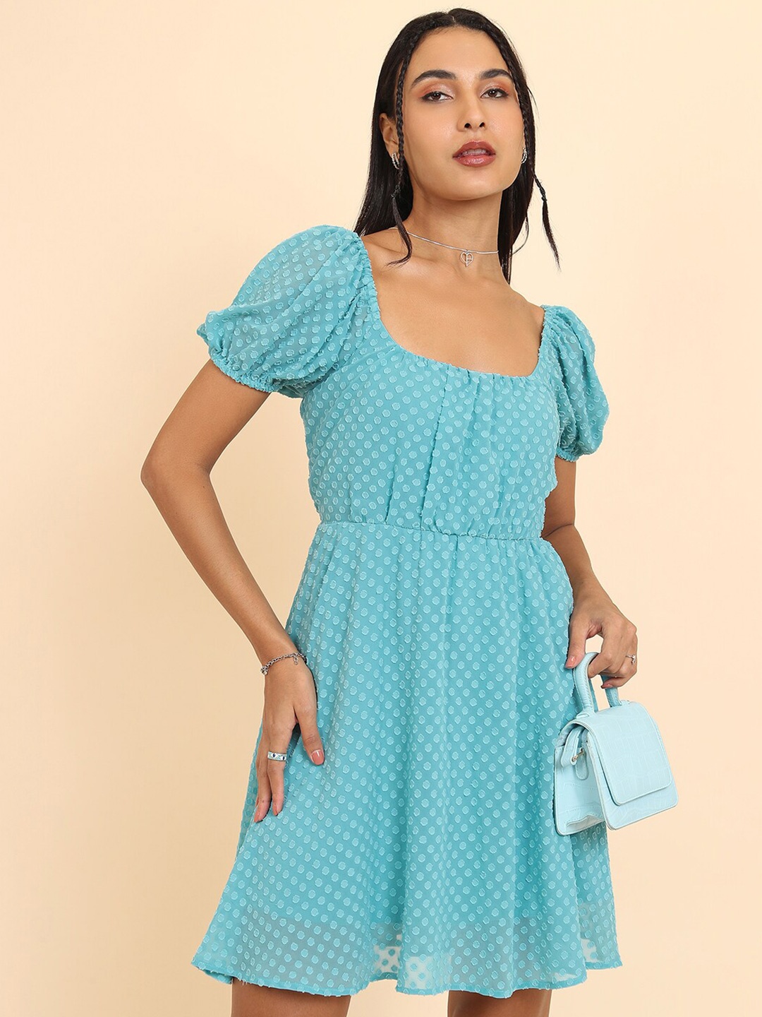 

Tokyo Talkies Sea Green Self Design A-Line Dress