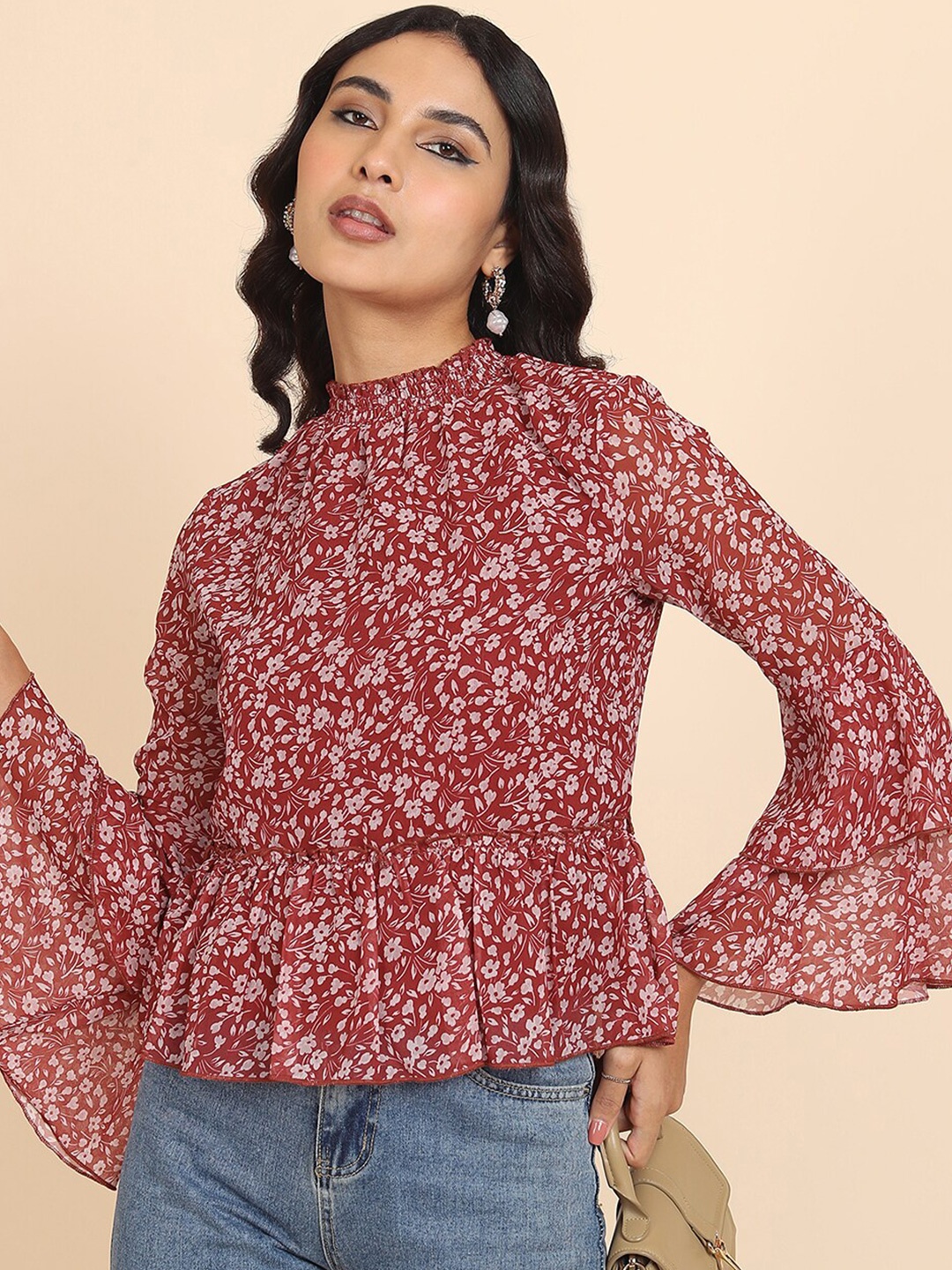 

Tokyo Talkies Floral Printed Ruffle Smocked Top, Maroon