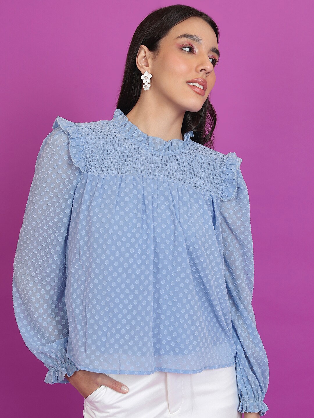 

Tokyo Talkies Blue Self Design Smocked Ruffled Top