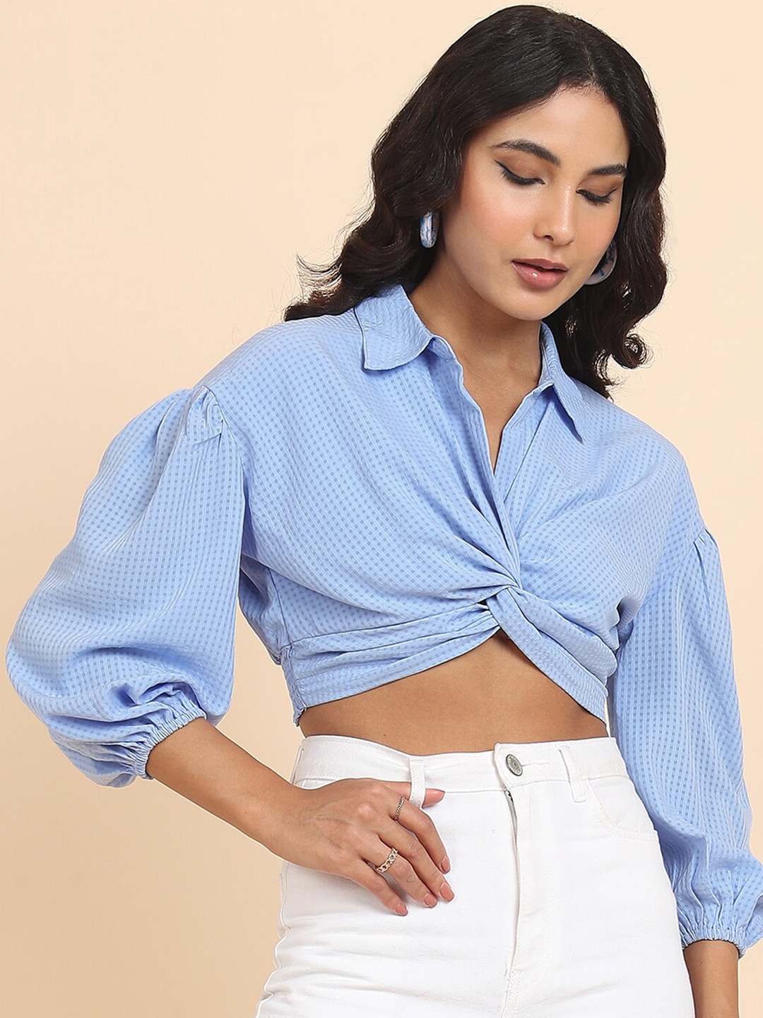 

Tokyo Talkies Blue Self Designed Shirt Collar Puff Sleeves Crop Shirt Style Top