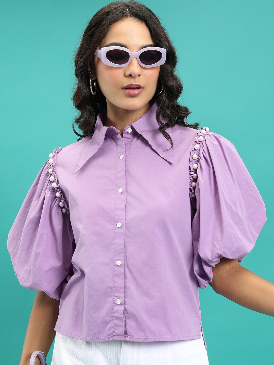 

Tokyo Talkies Purple Cotton Puff Sleeves Casual Shirt