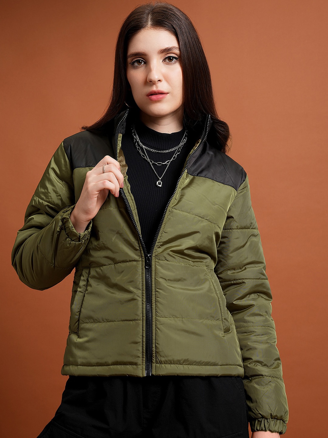 

Tokyo Talkies Olive Green Mock Collar Puffer Jacket