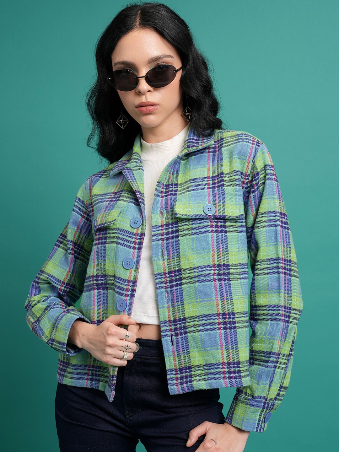 

Tokyo Talkies Tartan Checked Oversized Flannel Shirt, Green