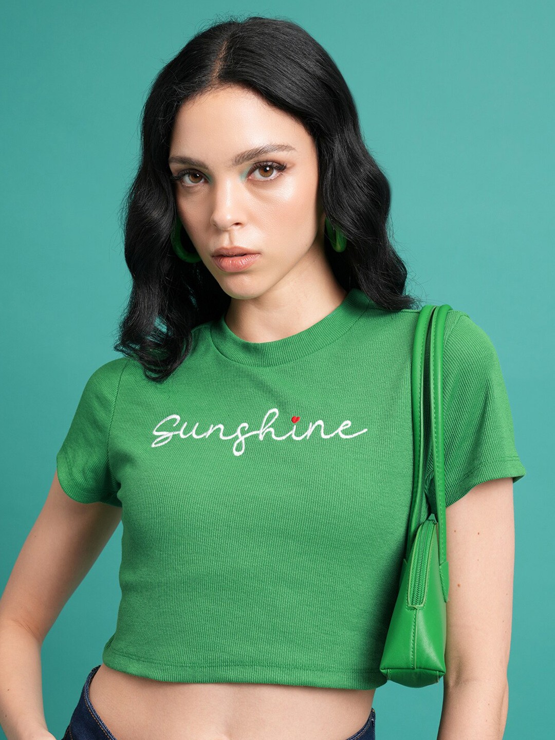 

Tokyo Talkies Green Typography Printed Crop T-shirt