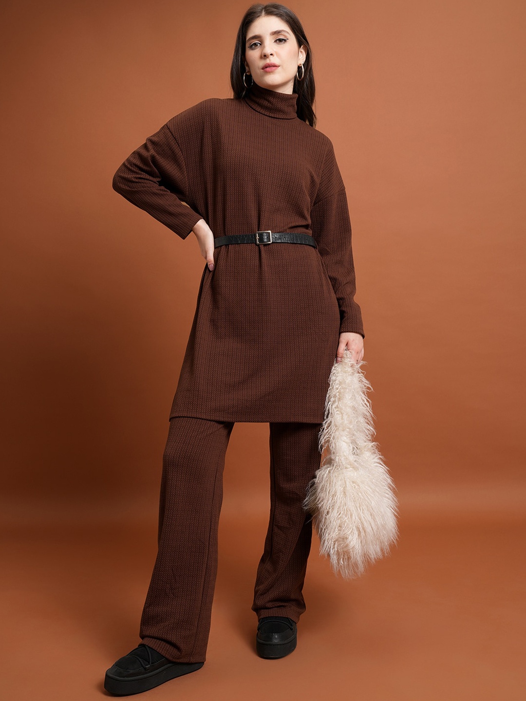 

Tokyo Talkies Turtle Neck Longline Sweater With Trousers, Brown
