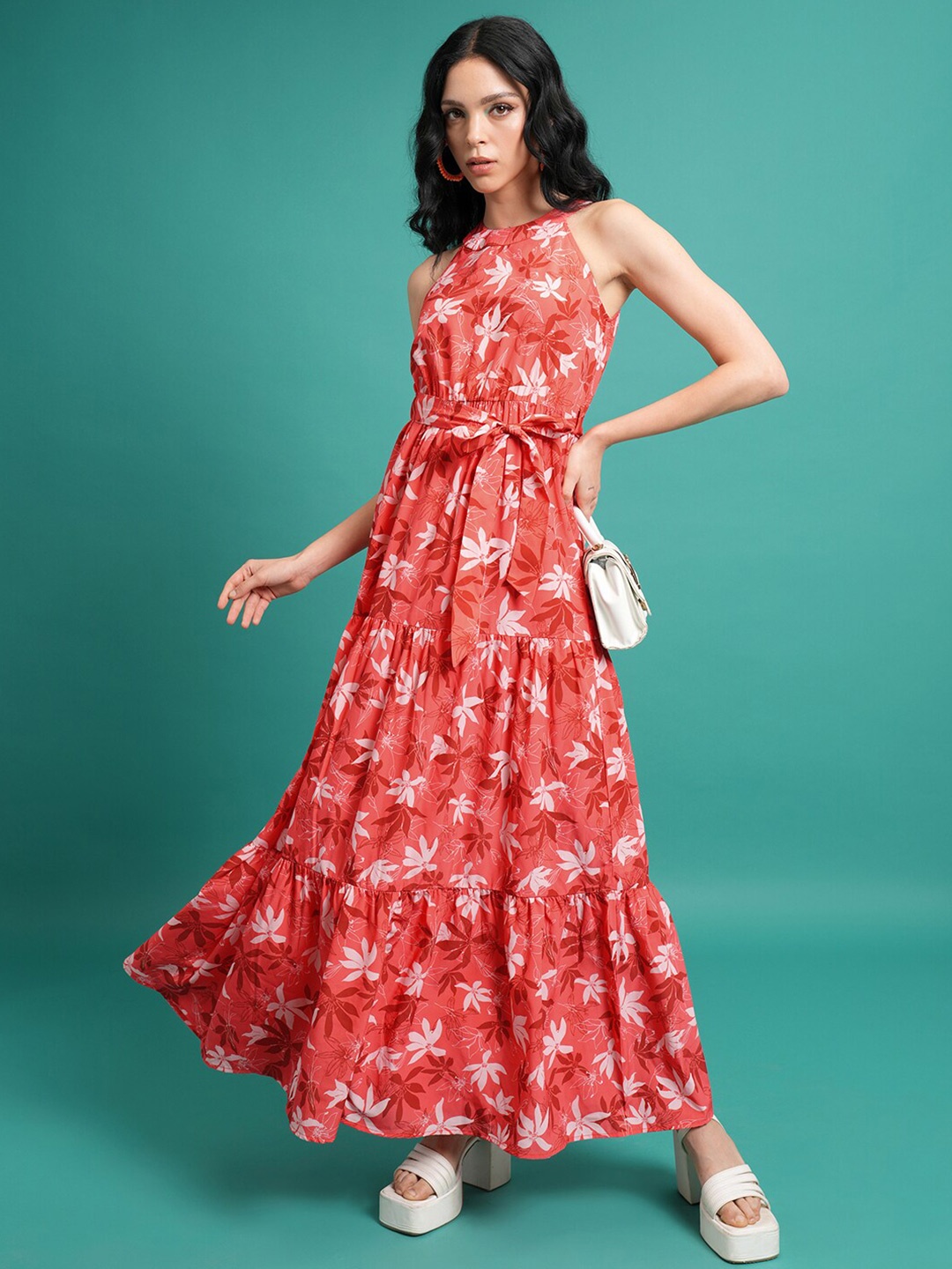 

Tokyo Talkies Red Floral Printed Halter Neck Tie Up Maxi Dress