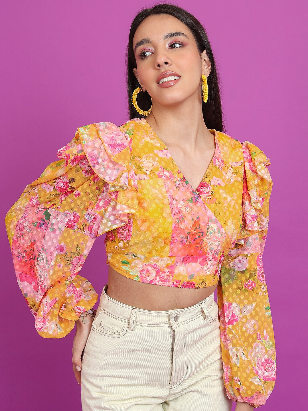 

Tokyo Talkies Yellow Floral Printed V-Neck Puff Sleeves Ruffles Wrap Crop Top