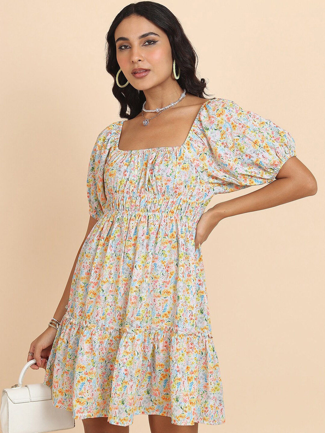 

Tokyo Talkies White & Yellow Floral Printed Ruched A-Line Mini Dress