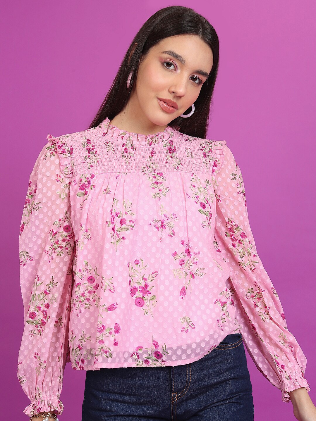 

Tokyo Talkies Pink Floral Printed Cuffed Sleeves Smocked Regular Top