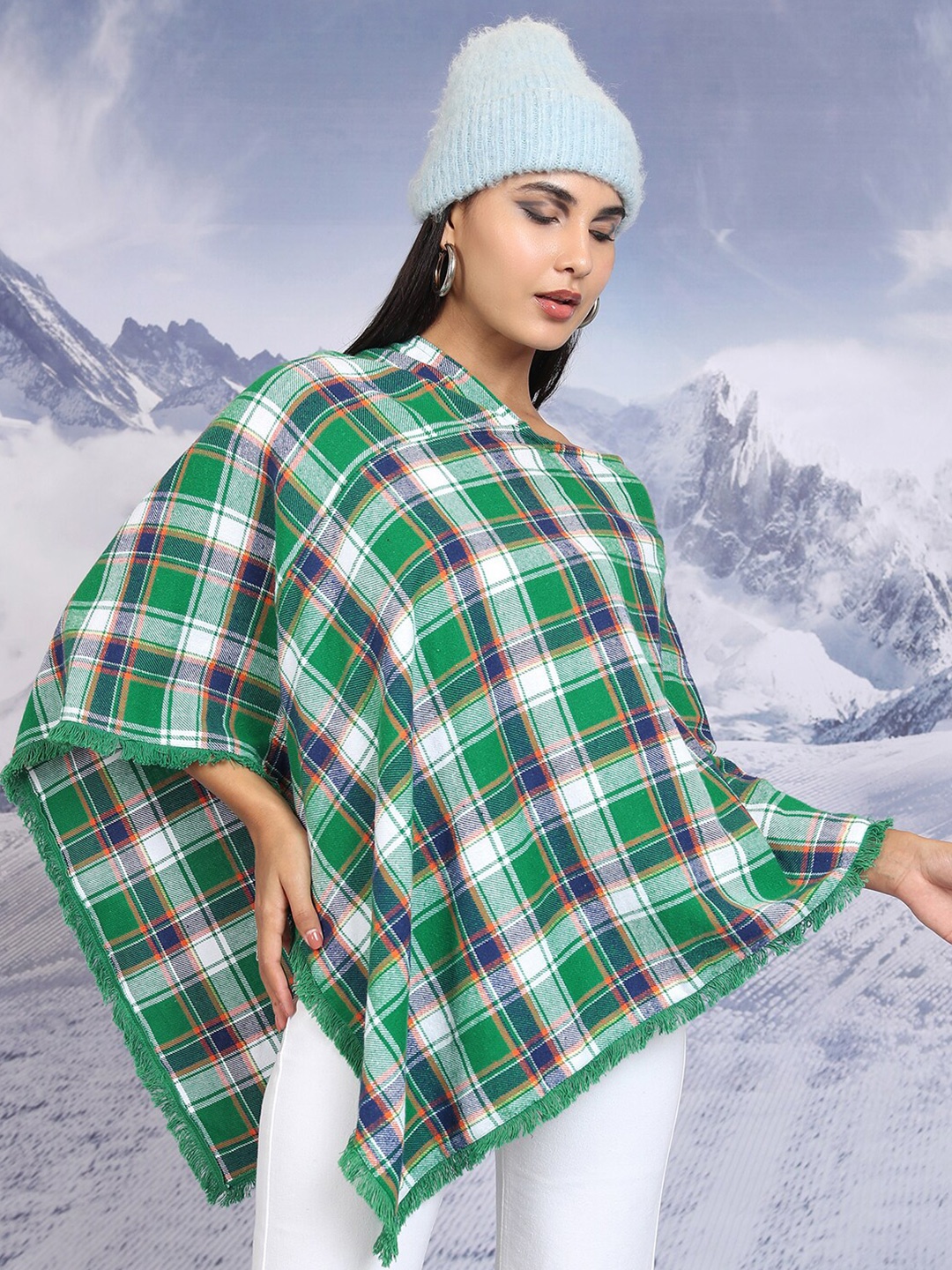 

Tokyo Talkies Checked V-Neck Bell Sleeves Cotton Flannel Checked Top, Green