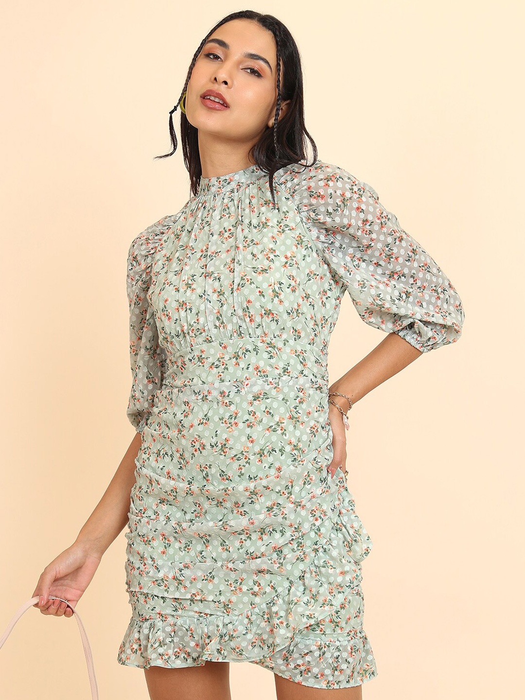 

Tokyo Talkies Green Floral Printed High Neck Mini Sheath Dress, Olive