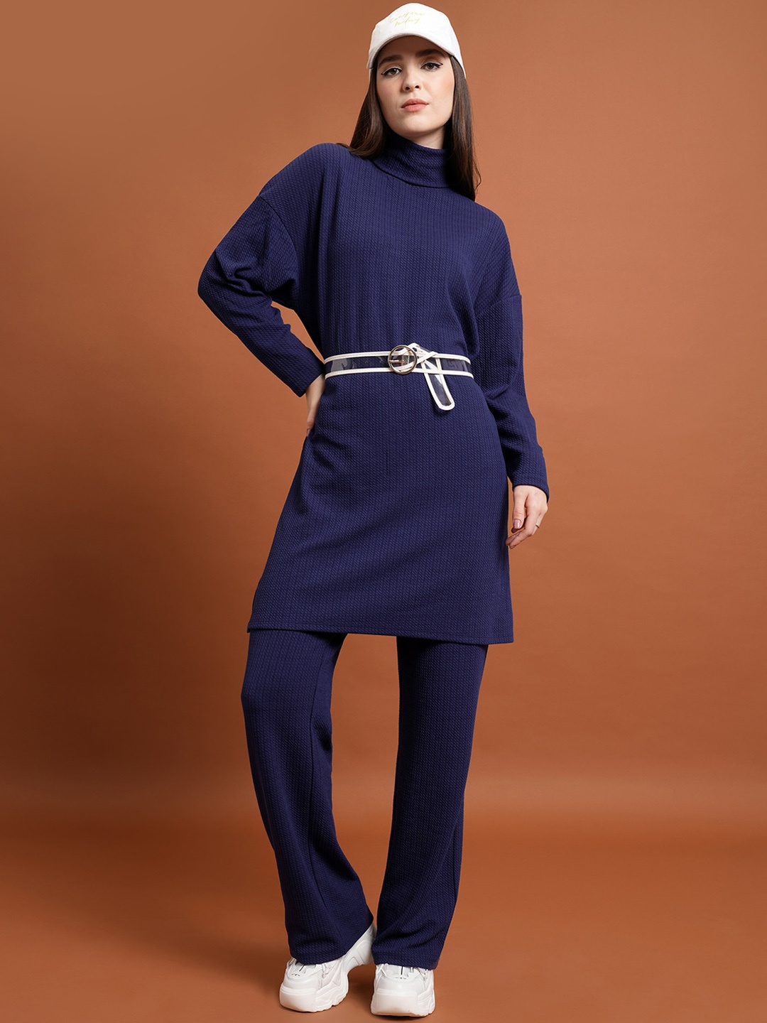 

Tokyo Talkies Longline Sweater With Plus size Regular Fit Trouser, Navy blue