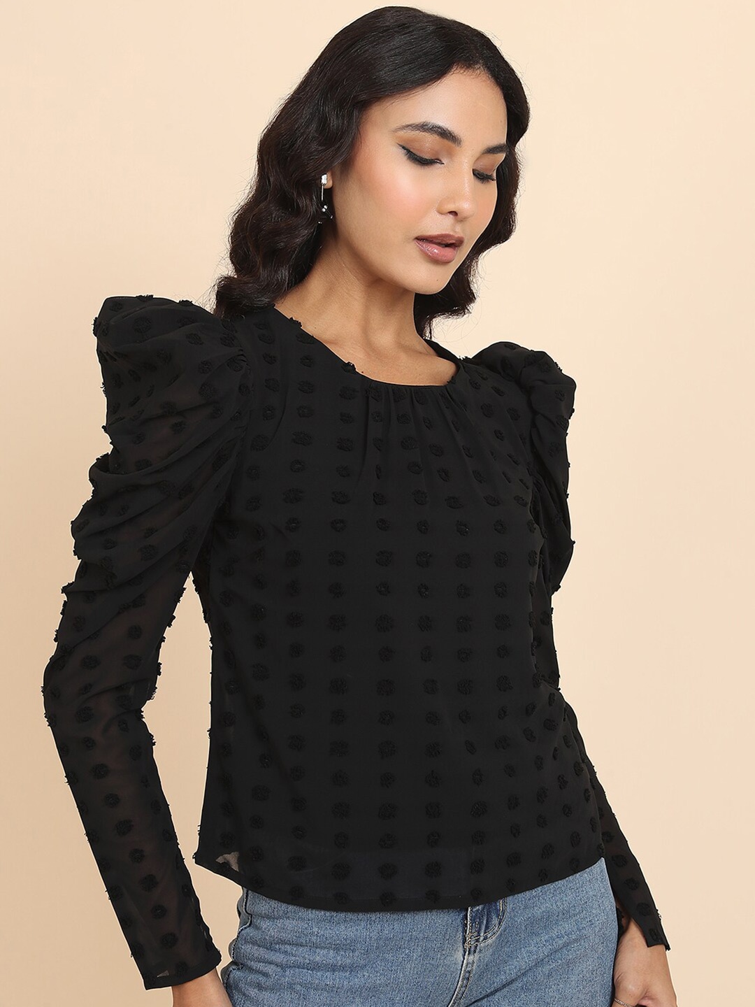 

Tokyo Talkies Black Self Design Puff Sleeves Top