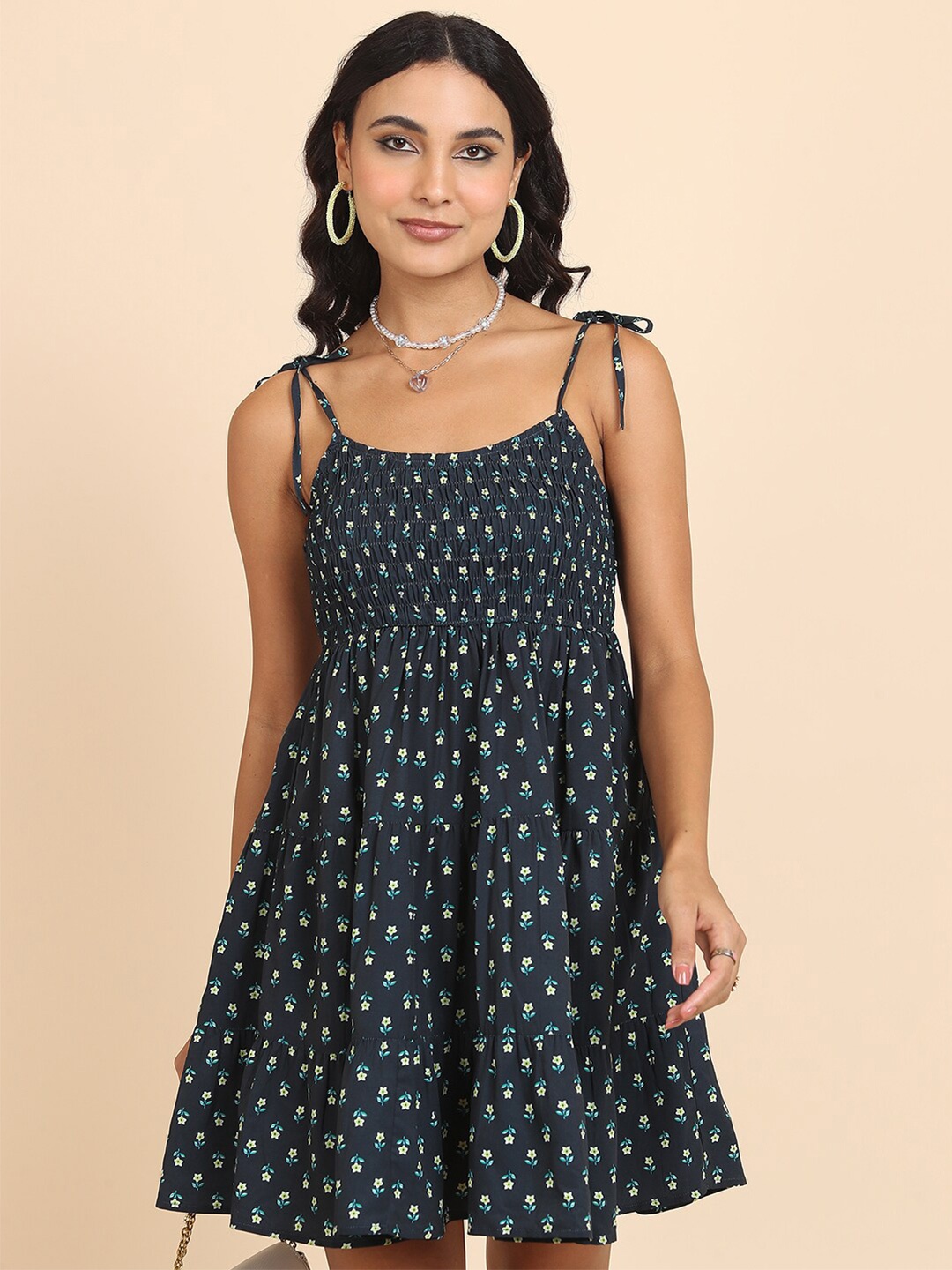 

Tokyo Talkies Navy Blue Floral Printed Smocked A-Line Mini Dress