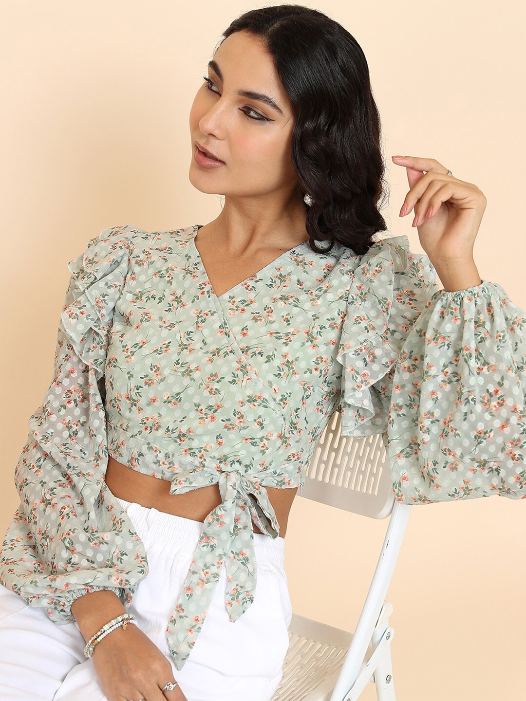 

Tokyo Talkies Olive Green Floral Printed V-Neck Puff Sleeves Ruffles Wrap Crop Top
