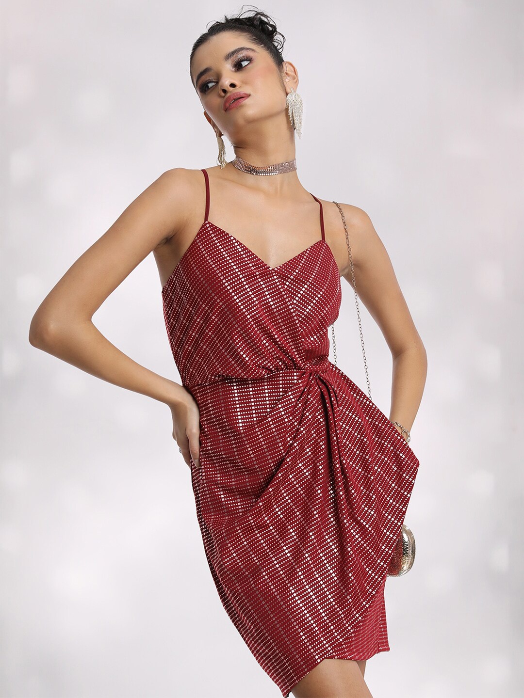 

Tokyo Talkies Red & Gold-Toned Shoulder Straps Striped Mini Wrap Dress