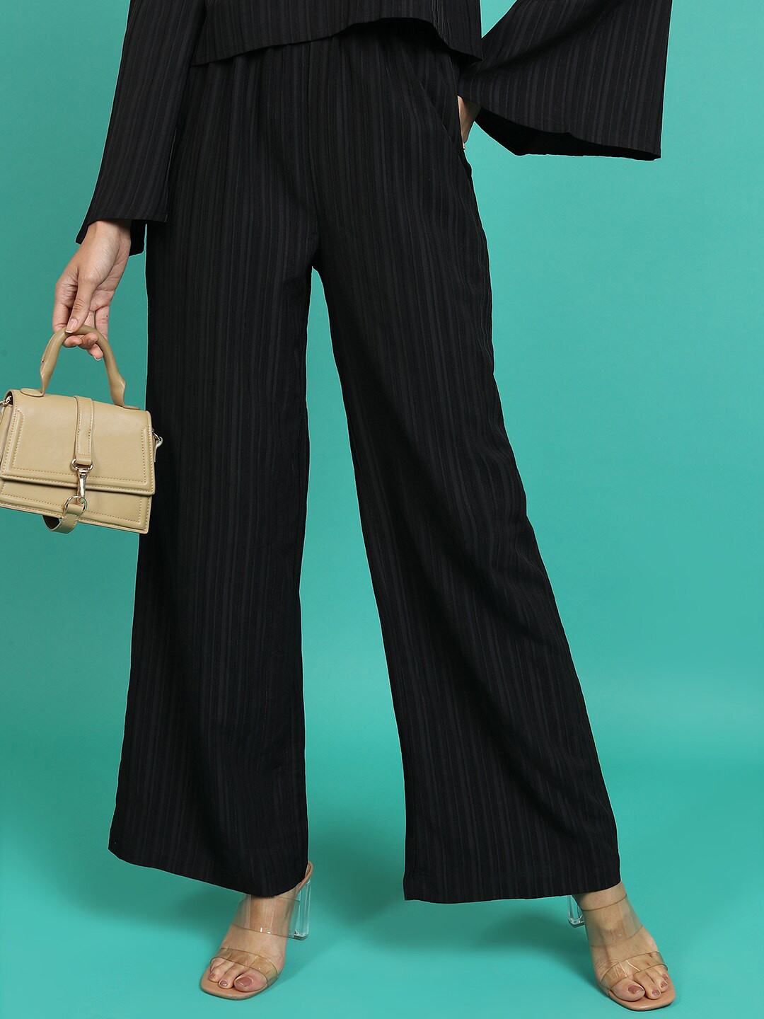 

Tokyo Talkies Women Striped Flared Parallel Trousers, Black