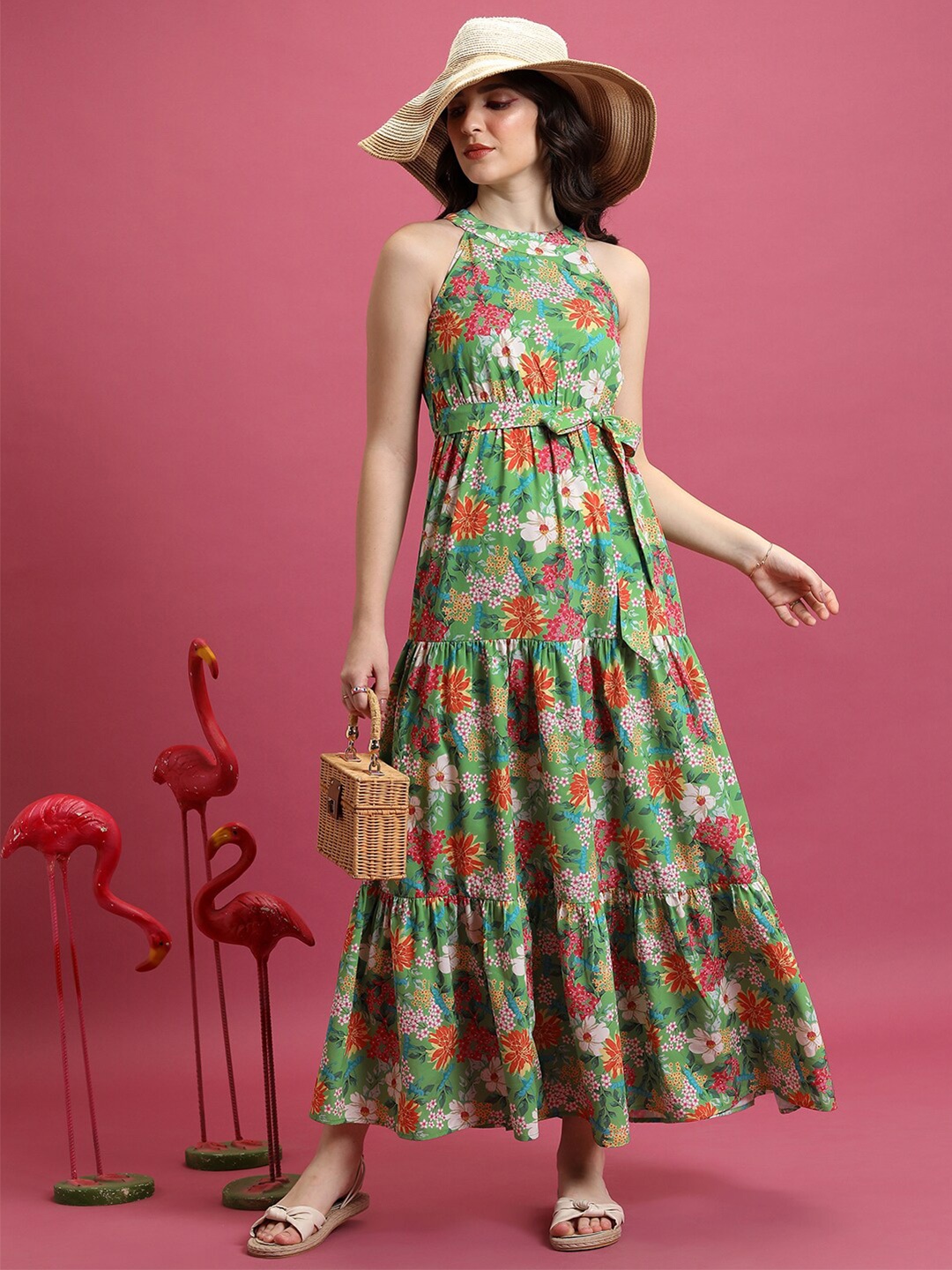 

Tokyo Talkies Green & Orange Floral Printed Choker Neck Tiered Maxi Dress