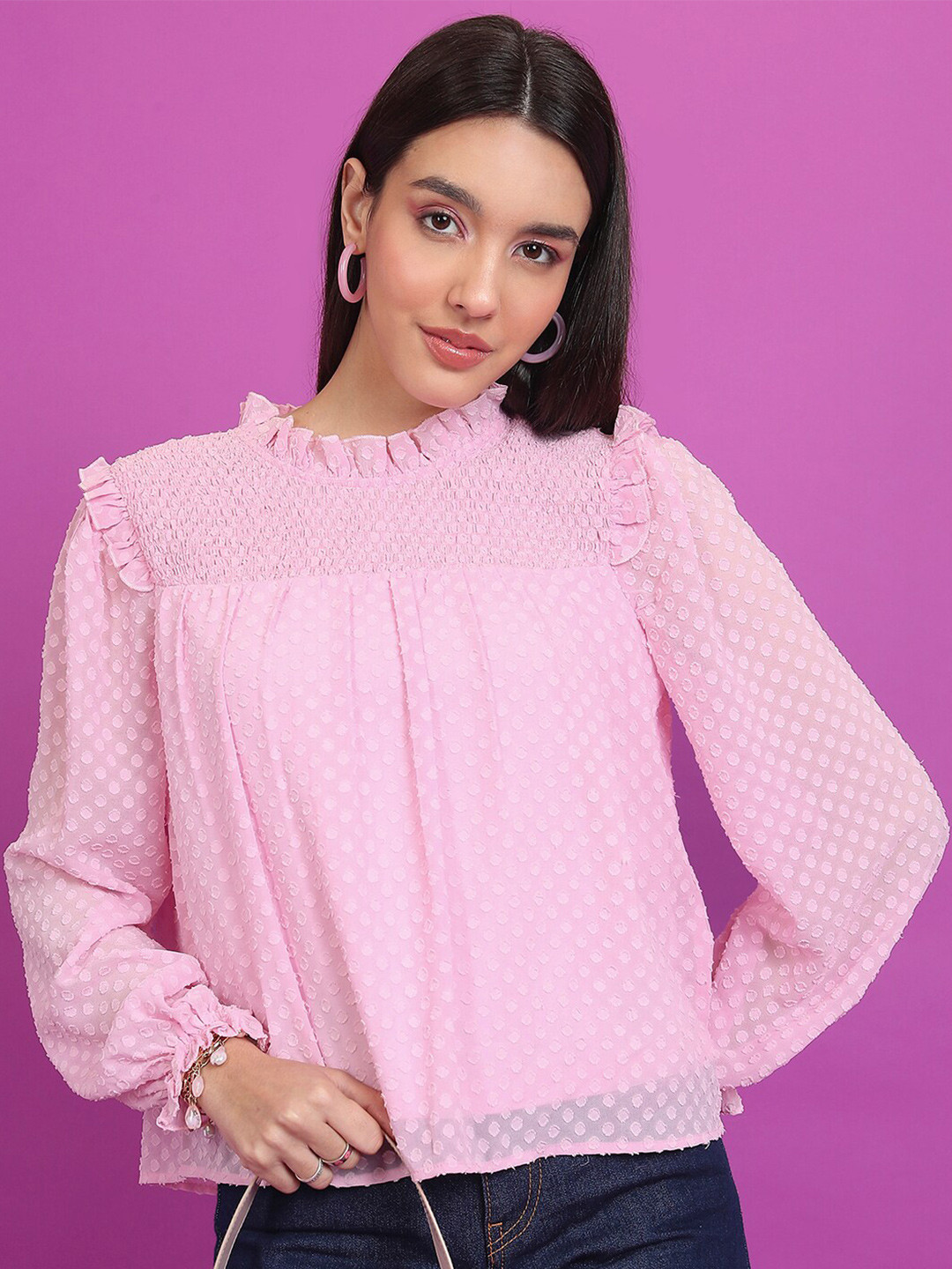 

Tokyo Talkies Pink Self Design Cuffed Sleeves Smocked Regular Top