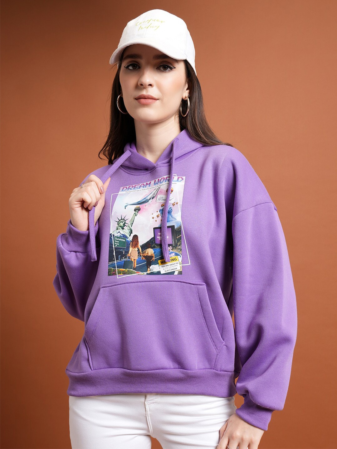 

Tokyo Talkies Purple Graphic Printed Hooded Pullover Sweatshirt