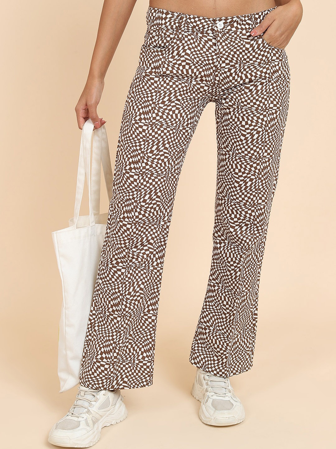 

Tokyo Talkies Women Geometric Printed Flared Parallel Trousers, Brown