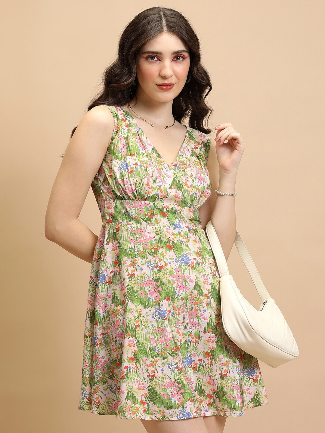 

Tokyo Talkies Pink & Green Floral Printed A-Line Mini Dress
