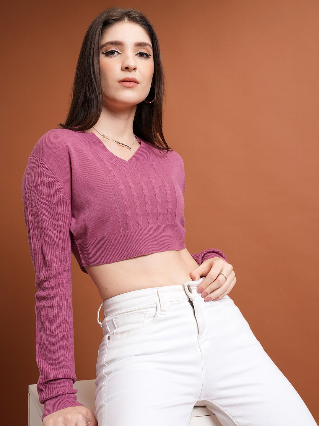 

Tokyo Talkies Pink Cable Knit Self Design Acrylic Crop Pullover