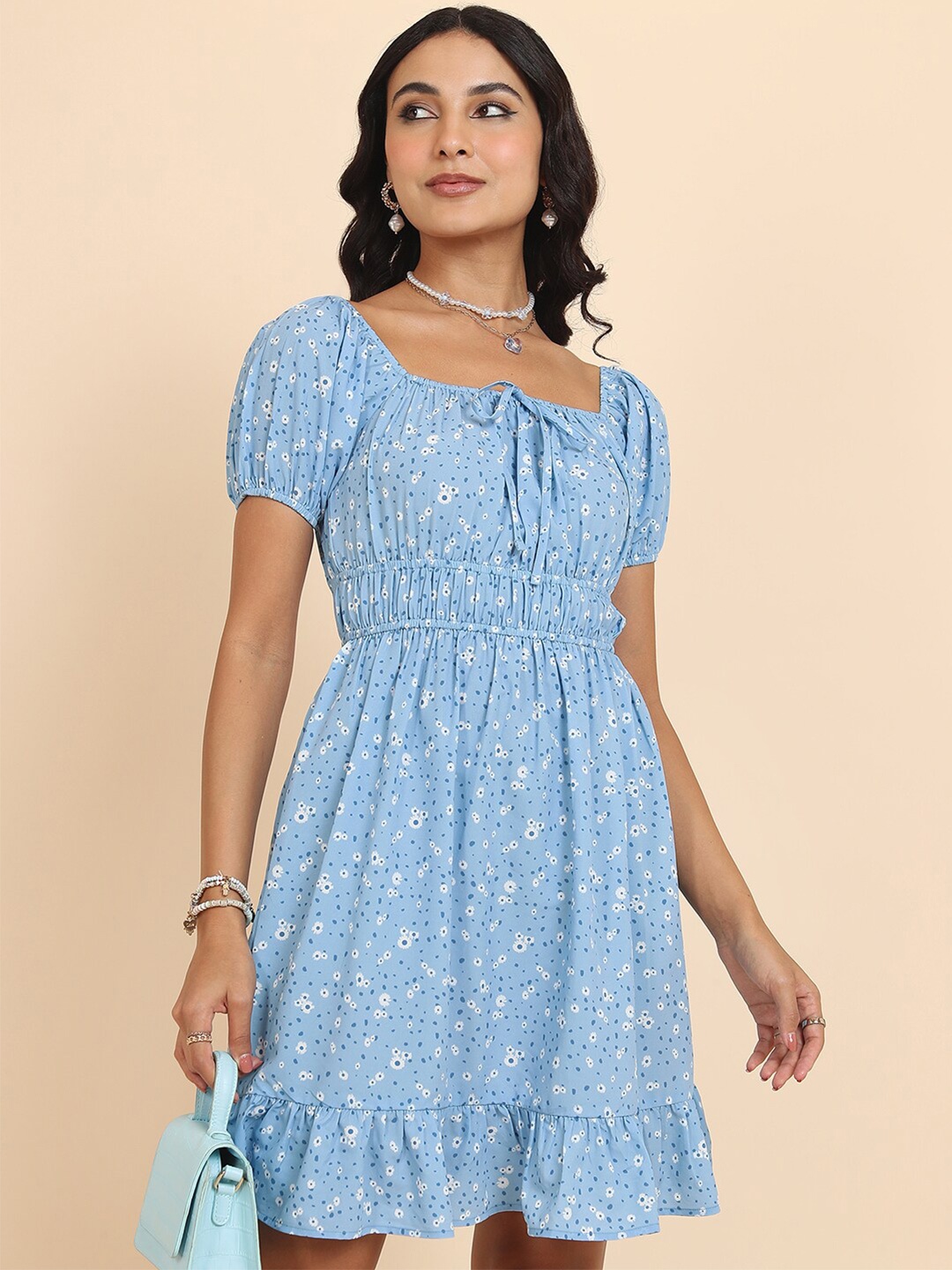 

Tokyo Talkies Blue Floral Printed Ruched Fit & Flare Mini Dress