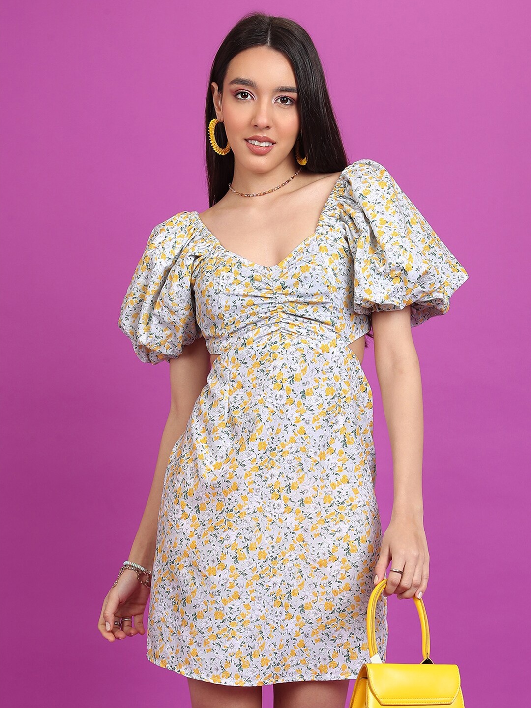 

Tokyo Talkies White & Yellow Floral Printed Cut Out A-Line Mini Dress