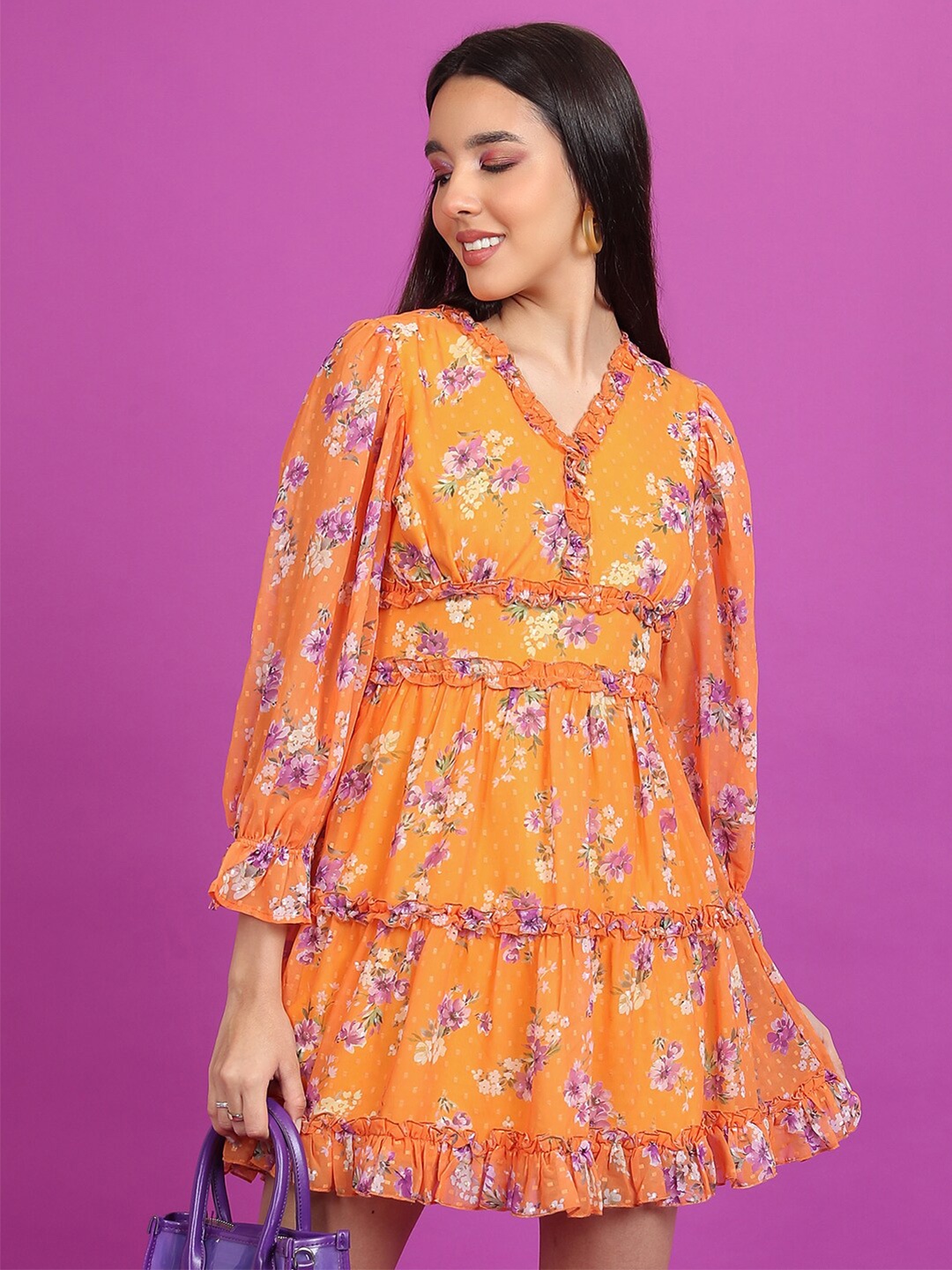

Tokyo Talkies Orange Floral Printed V-Neck Ruffled A-Line Mini Dress