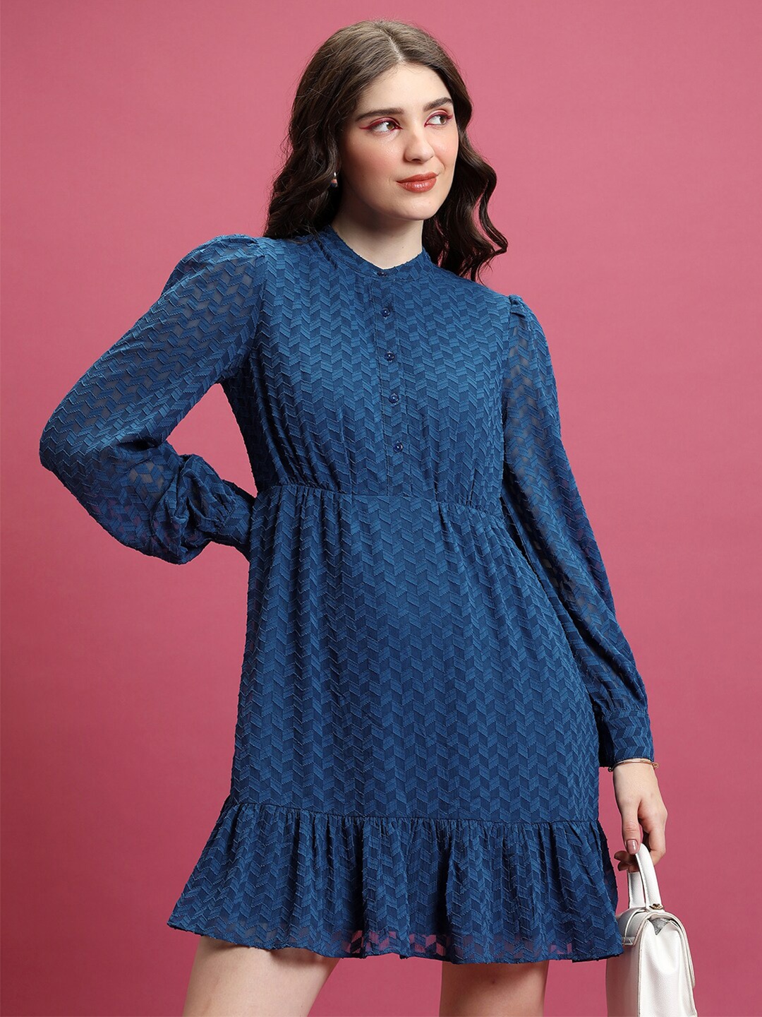 

Tokyo Talkies Blue Self Design Cuffed Sleeves Fit & Flare Mini Dress