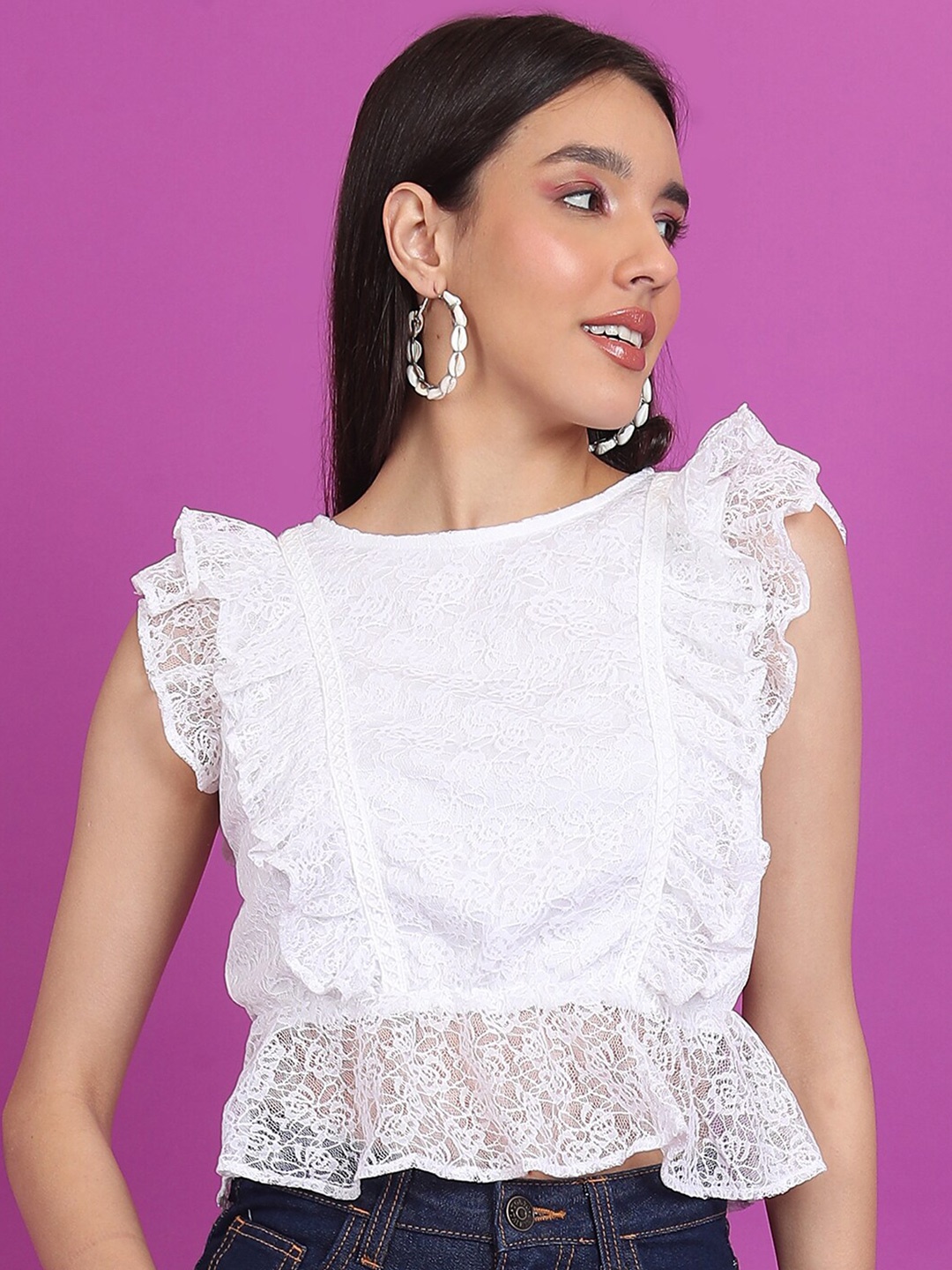 

Tokyo Talkies Self Design Ruffled Top, White