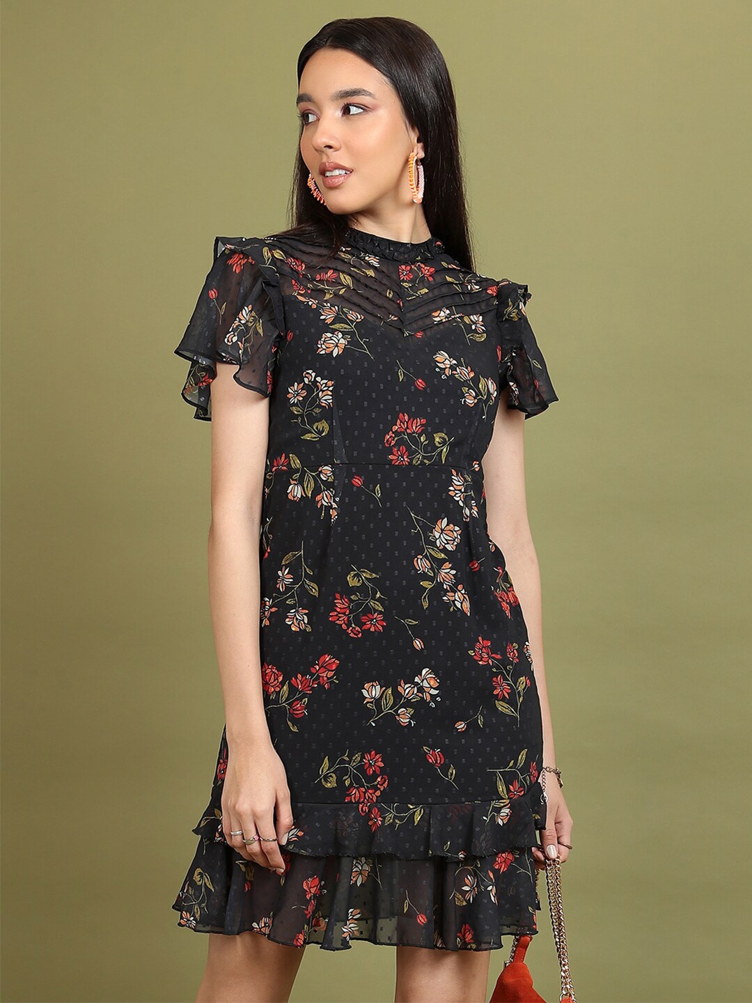 

Tokyo Talkies Black Floral Printed Ruffled A-Line Dress