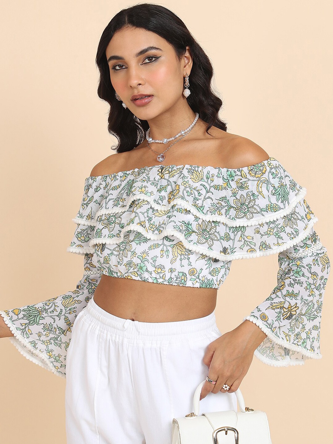 

Tokyo Talkies White Floral Printed Off Shoulder Bell Sleeves Bardot Crop Top