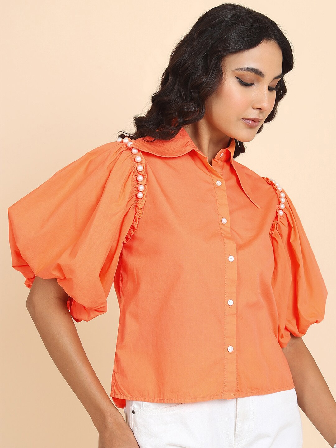 

Tokyo Talkies Coral Shirt Collar Puff Sleeves Beaded Cotton Shirt Style Top