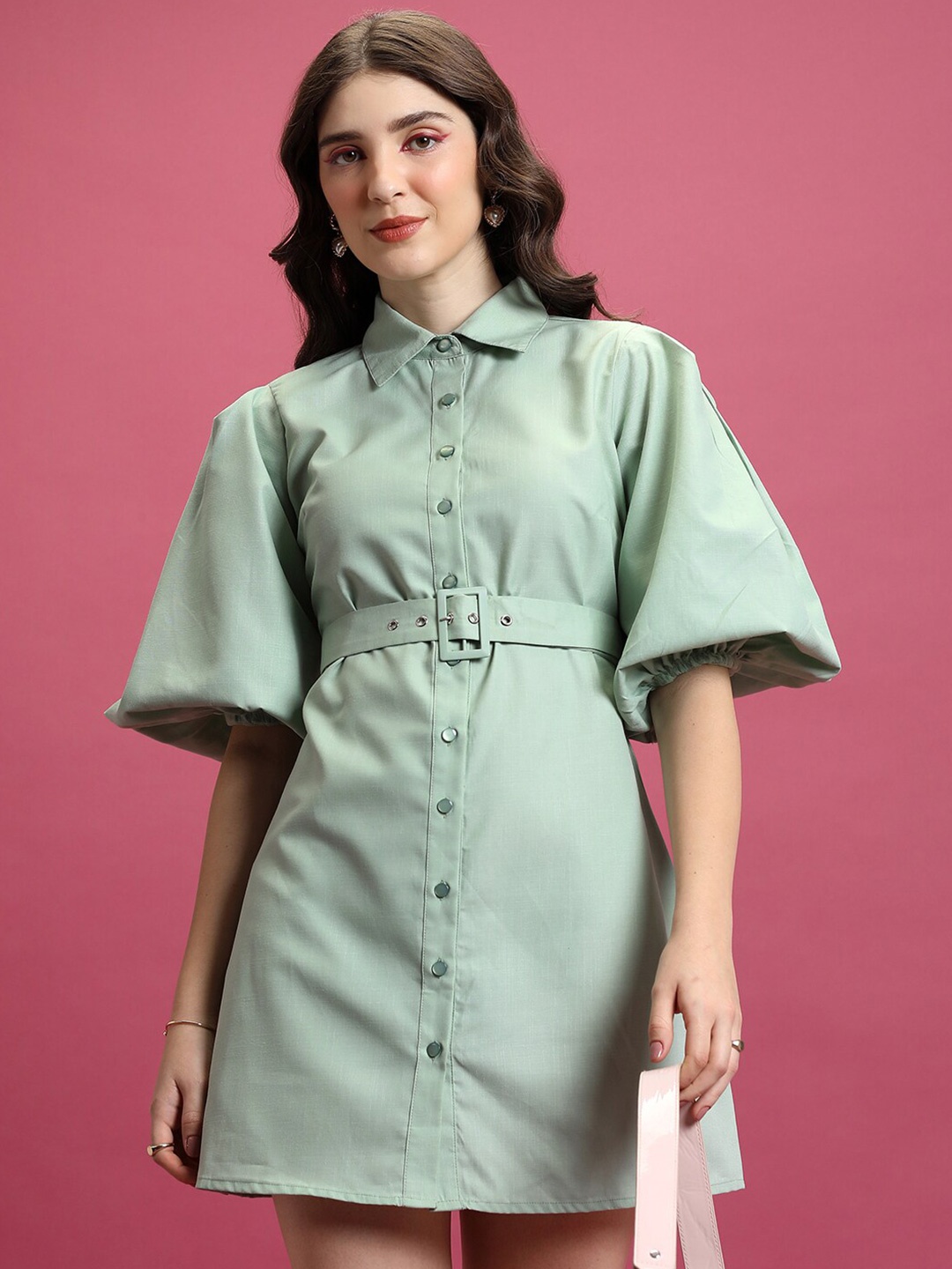 

Tokyo Talkies Green Puff Sleeves Shirt Mini Dress
