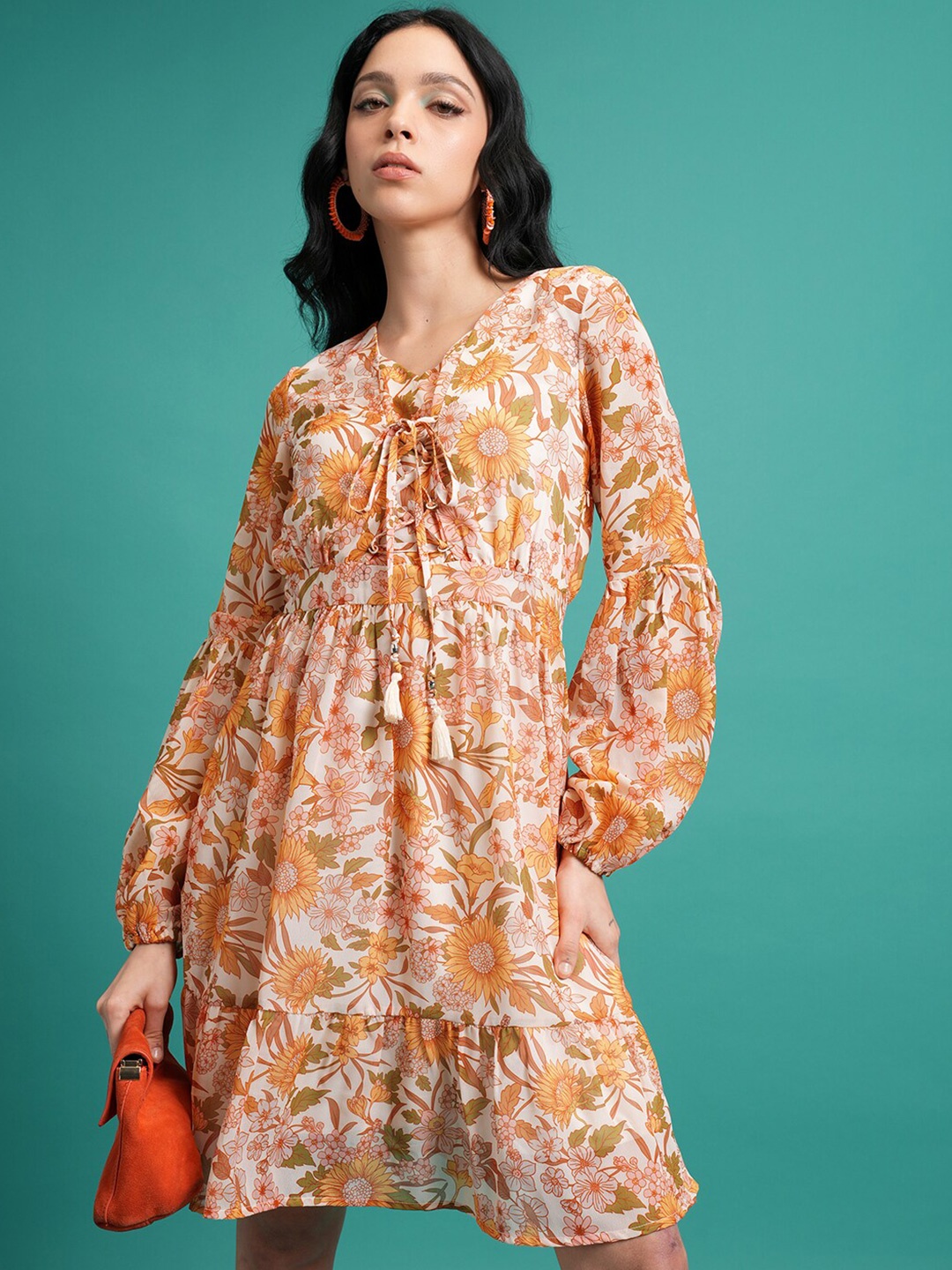 

Tokyo Talkies Yellow Floral Printed Fit & Flare Mini Dress
