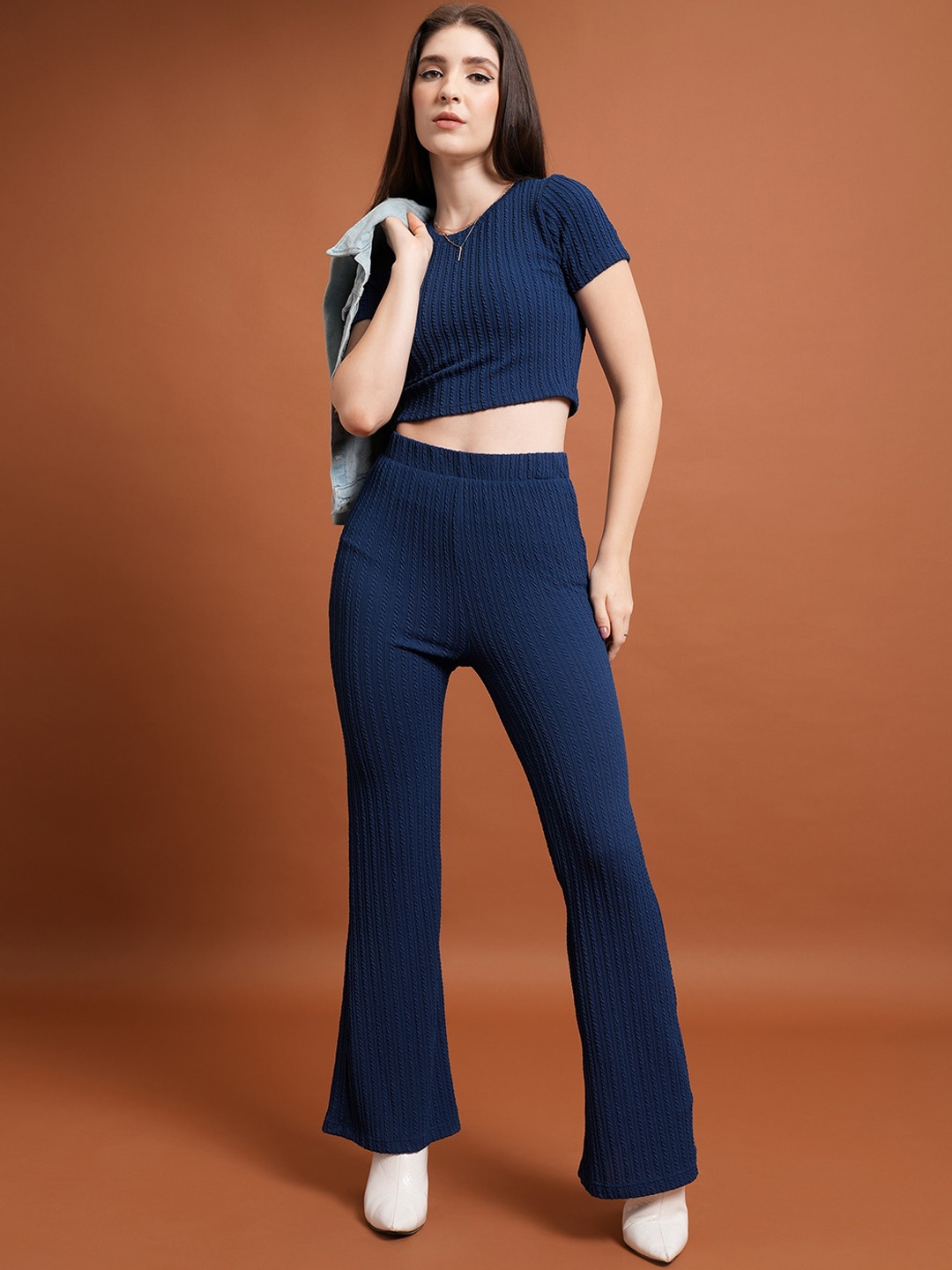 

Tokyo Talkies Round Neck Crop Top & Flared Trousers, Navy blue