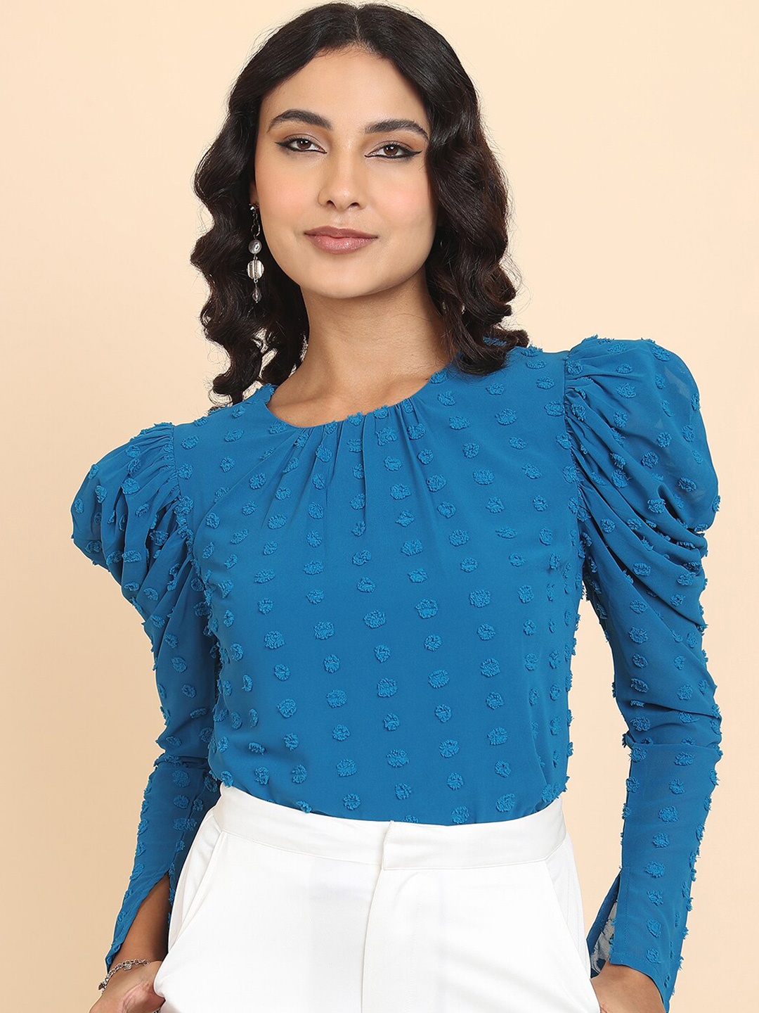 

Tokyo Talkies Blue Self Design Puff Sleeves Regular Top