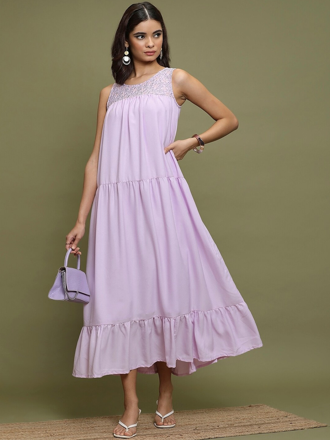 

Vishudh Round Neck Gathered A-Line Midi Dress, Lavender