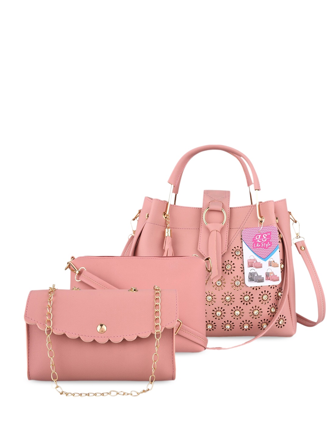 

LIKE STYLE Set Of 3 Embellished PU Structured Shoulder Bag with Embellished, Pink
